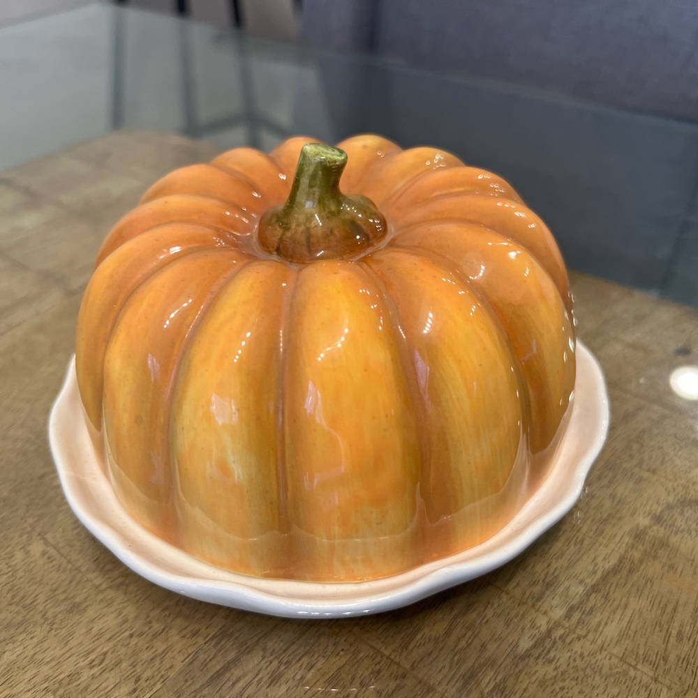 VINTAGE OTAGIRI CERAMIC PUMPKIN COVERED BUTTER DISH JAPAN THANKSGIVING FALL